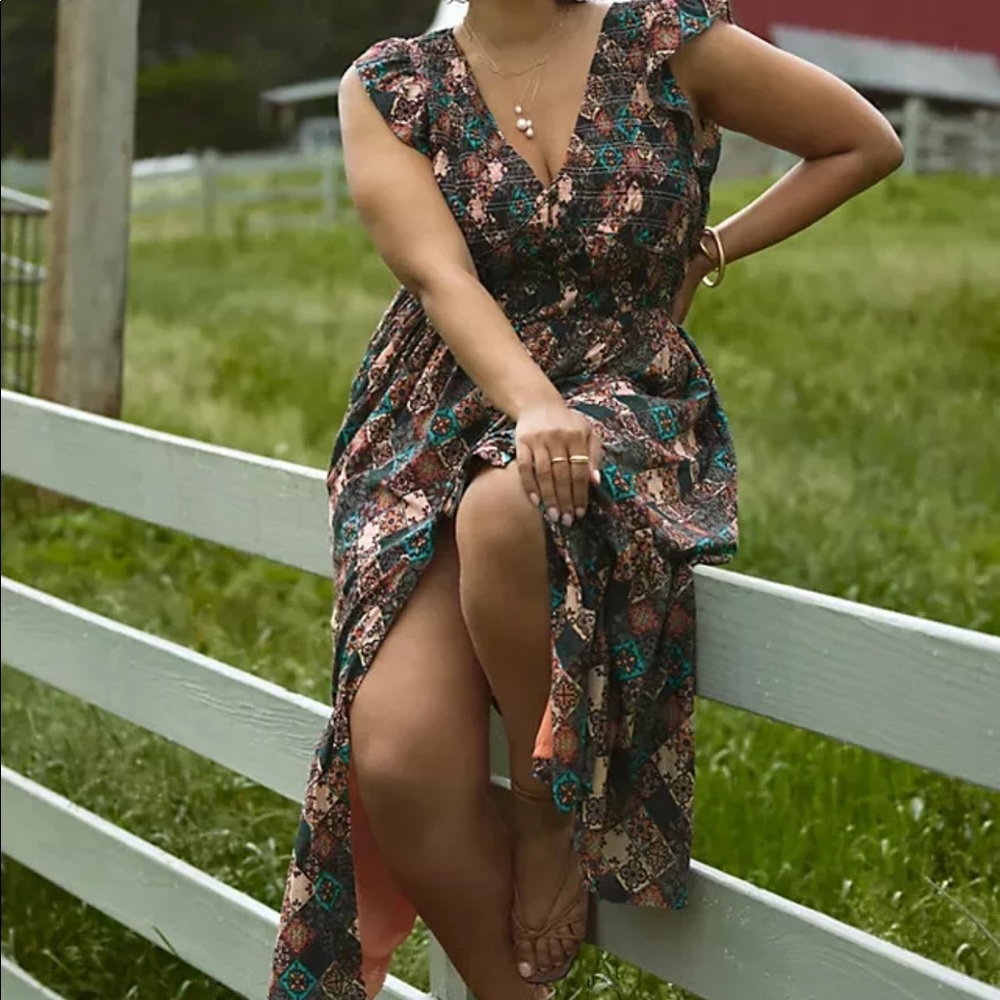 Anthropologie Smocked Ruffle Maxi Dress Patcbwork Square Boho Cottagecore